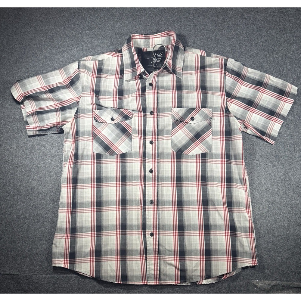 Blue Crown Men's Short Sleeve Plaid Button Down Shirt, Size XL